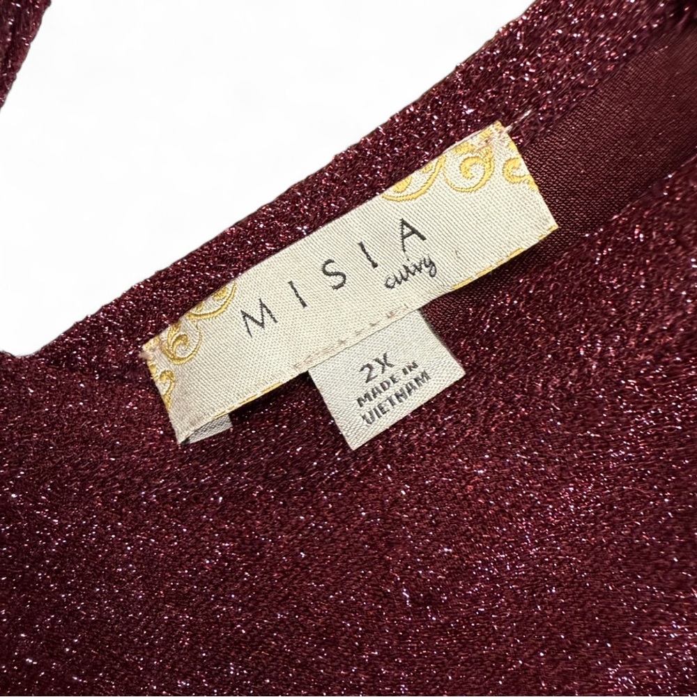 NWT Misia Curvy 2X Burgundy Metallic Sparkle Tie-Back Ruffle Sleeve Top - Picture 3 of 9